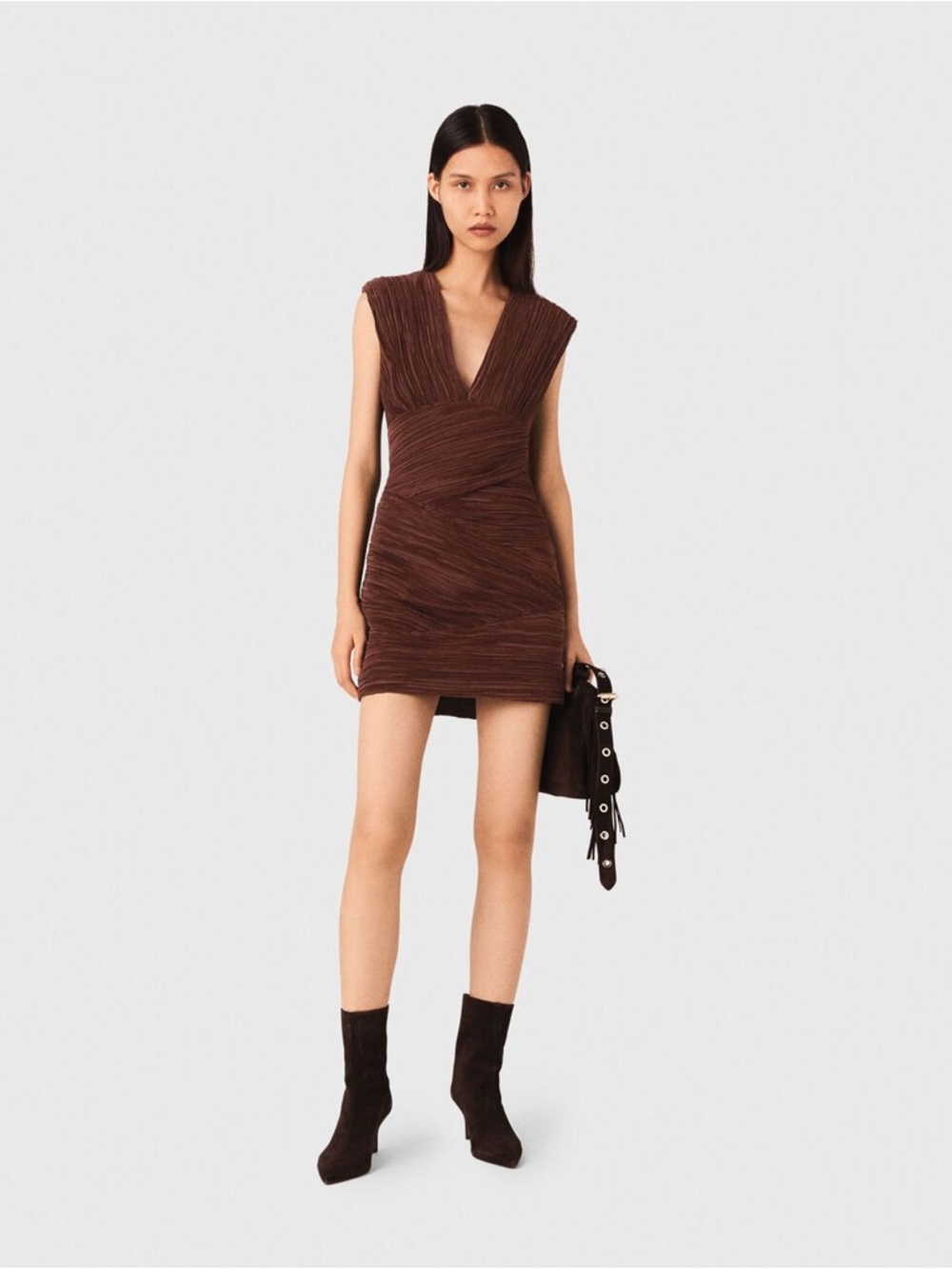 Maje Brown Ruched V‑Neck Mini Dress